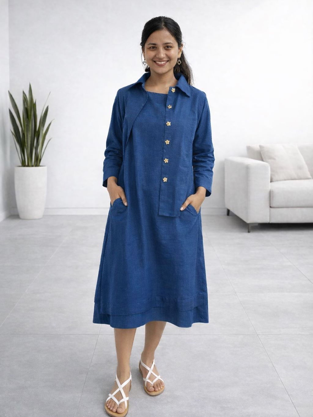 Myshka Women Blue Linen A-Line Midi Dress with Full Sleeves Shirt | Grocsy
