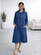 Myshka Women Blue Linen A-Line Midi Dress with Full Sleeves Shirt | Grocsy