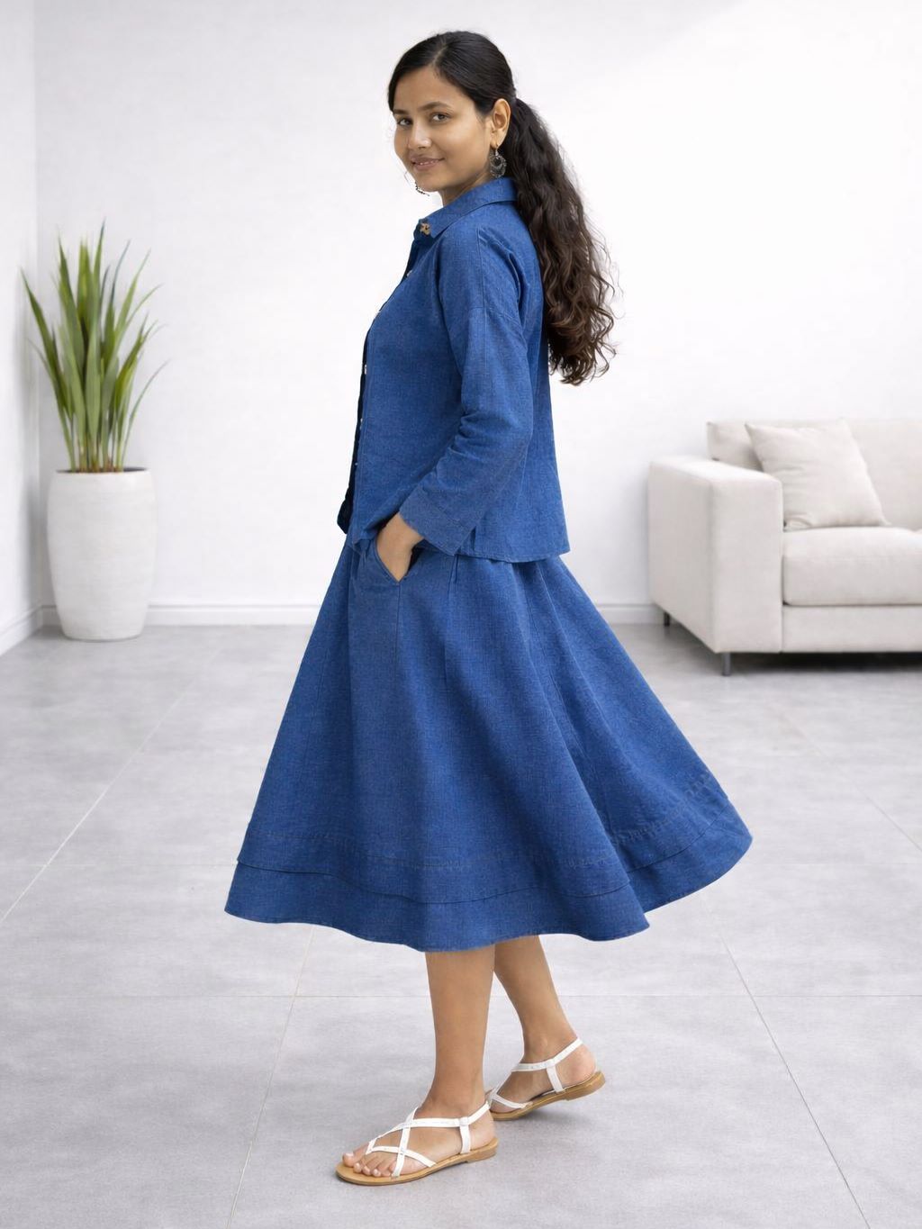 Myshka Women Blue Linen A-Line Midi Dress with Full Sleeves Shirt | Grocsy