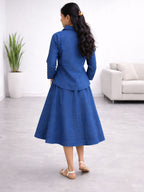 Myshka Women Blue Linen A-Line Midi Dress with Full Sleeves Shirt | Grocsy