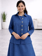Myshka Women Blue Linen A-Line Midi Dress with Full Sleeves Shirt | Grocsy