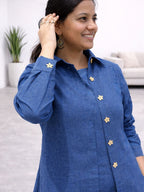 Myshka Women Blue Linen A-Line Midi Dress with Full Sleeves Shirt | Grocsy