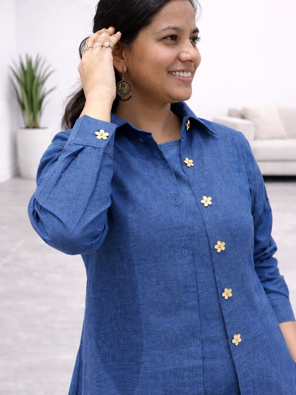 Myshka Women Blue Linen A-Line Midi Dress with Full Sleeves Shirt | Grocsy