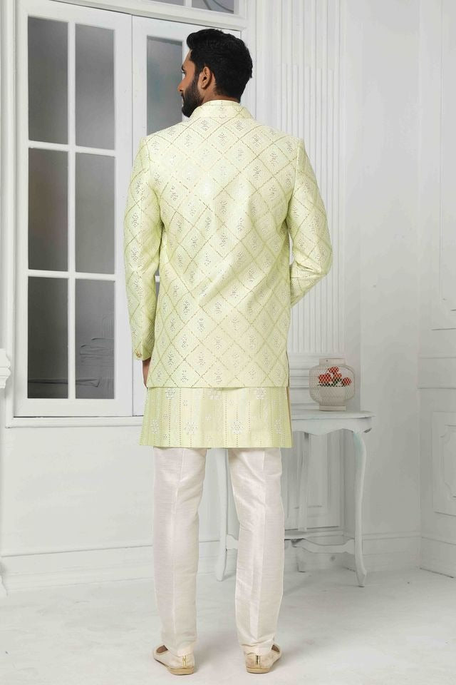 Raivat Ethnic Art Silk Embroidery Work 3 Pcs Indo Jacket Set In Pista Green Colour | Grocsy