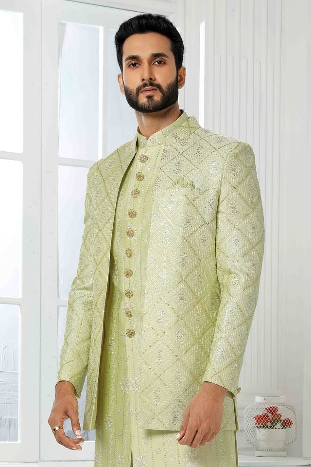 Raivat Ethnic Art Silk Embroidery Work 3 Pcs Indo Jacket Set In Pista Green Colour | Grocsy