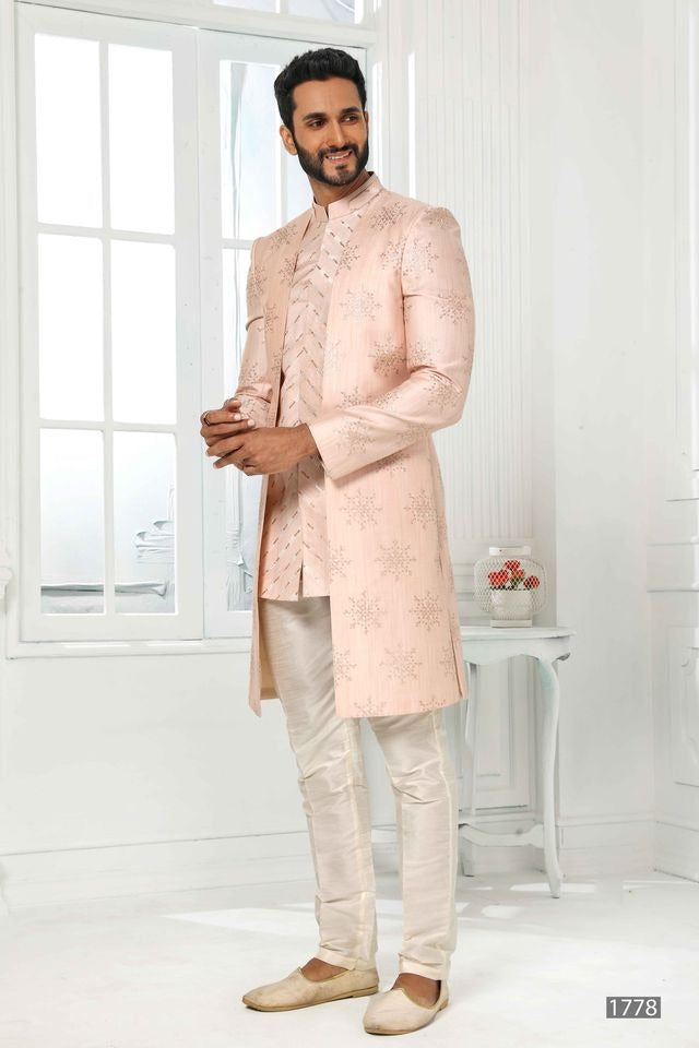 Raivat Ethnic Art Silk Embroidery Work 3 Pcs Indo Jacket Set In Light Pink Colour | Grocsy