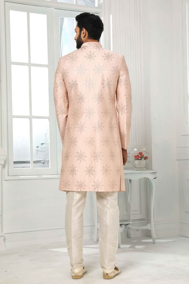 Raivat Ethnic Art Silk Embroidery Work 3 Pcs Indo Jacket Set In Light Pink Colour | Grocsy