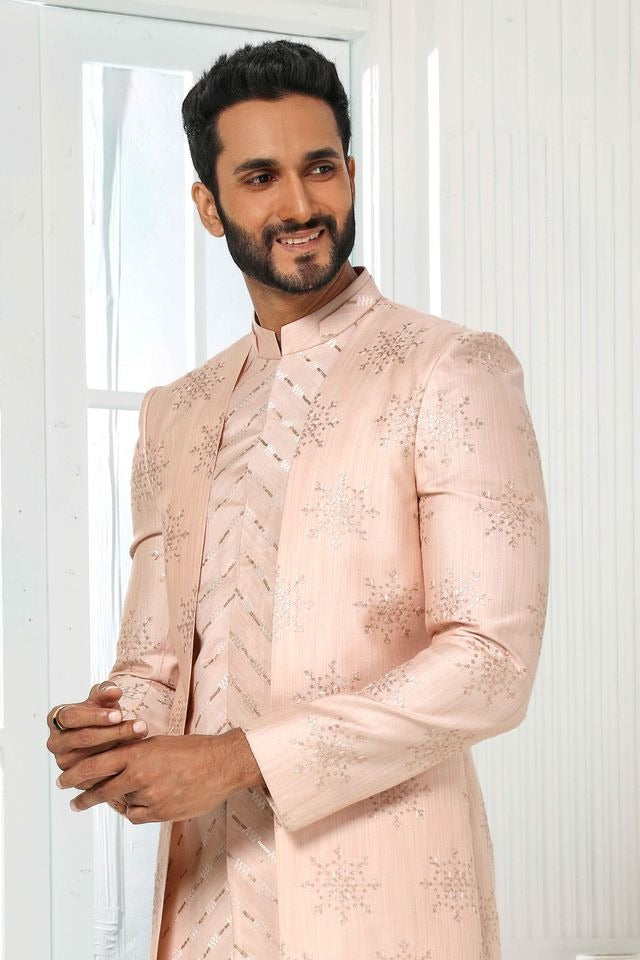 Raivat Ethnic Art Silk Embroidery Work 3 Pcs Indo Jacket Set In Light Pink Colour | Grocsy