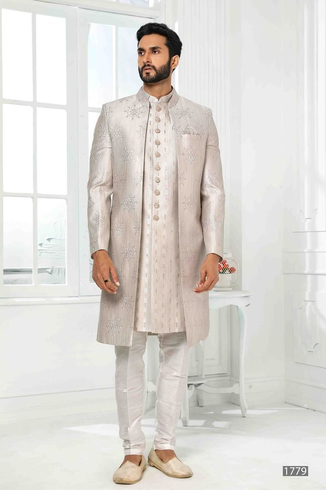 Raivat Ethnic Art Silk Embroidery Work 3 Pcs Indo Jacket Set In Light Grey Colour | Grocsy