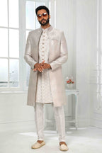 Raivat Ethnic Art Silk Embroidery Work 3 Pcs Indo Jacket Set In Light Grey Colour | Grocsy