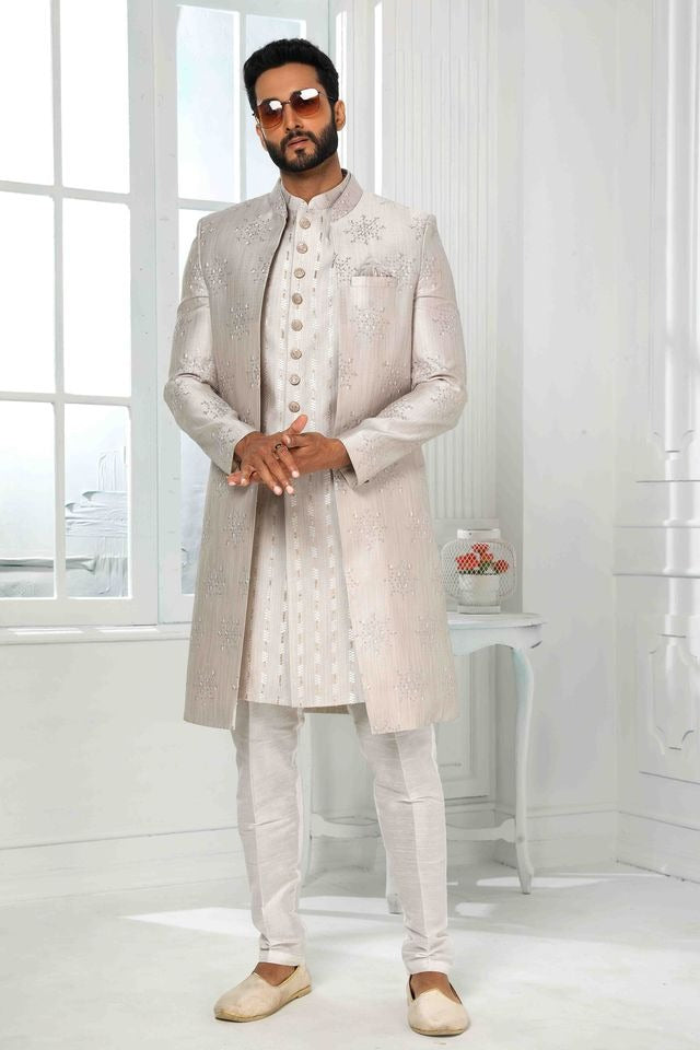 Raivat Ethnic Art Silk Embroidery Work 3 Pcs Indo Jacket Set In Light Grey Colour | Grocsy