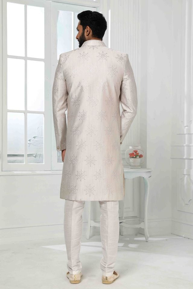 Raivat Ethnic Art Silk Embroidery Work 3 Pcs Indo Jacket Set In Light Grey Colour | Grocsy