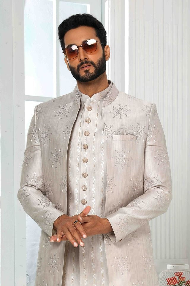 Raivat Ethnic Art Silk Embroidery Work 3 Pcs Indo Jacket Set In Light Grey Colour | Grocsy
