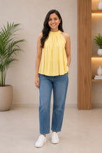 Myshka Women Yellow Solid Sleeveless Pleated Top | Grocsy
