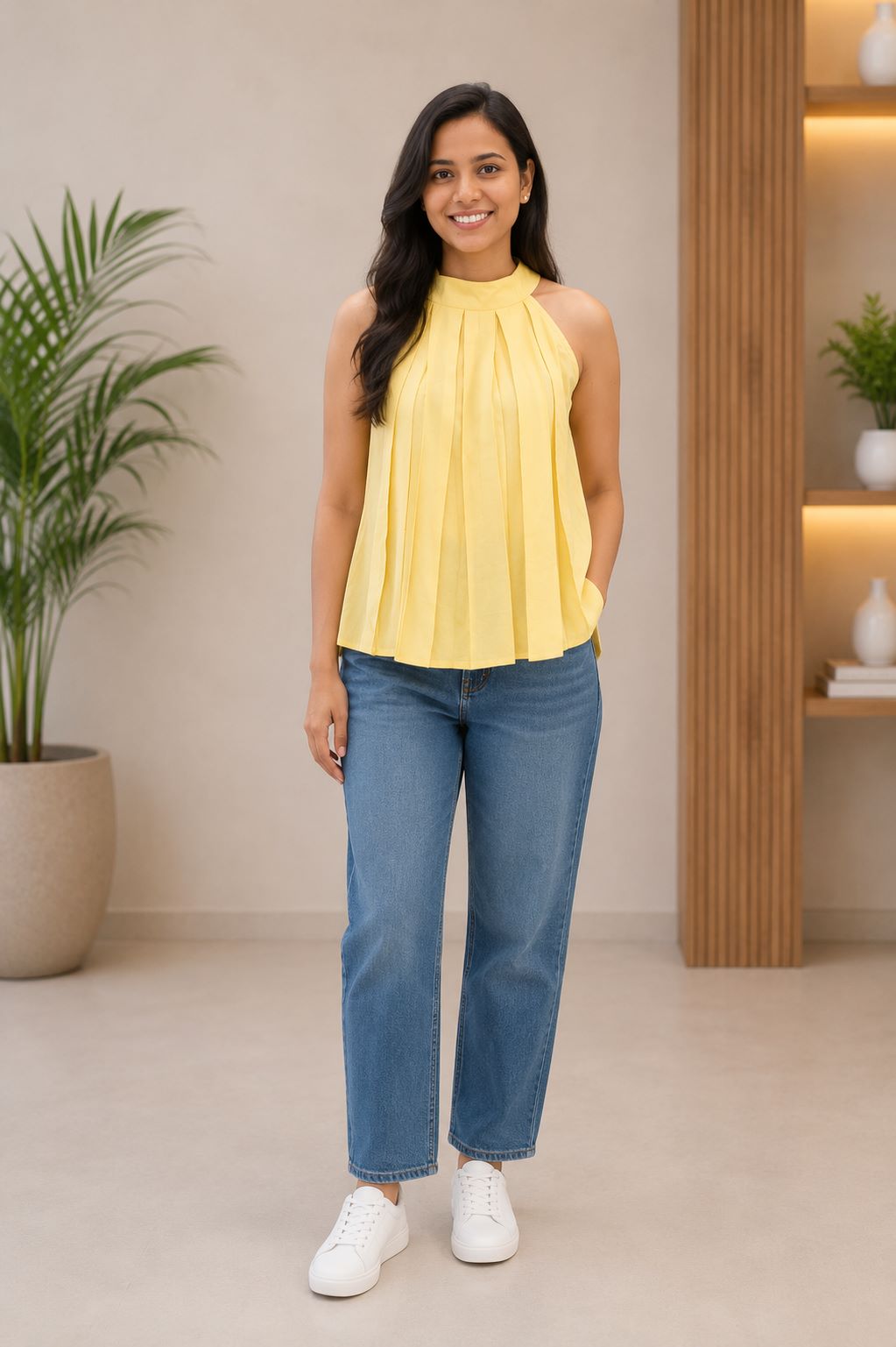 Myshka Women Yellow Solid Sleeveless Pleated Top | Grocsy