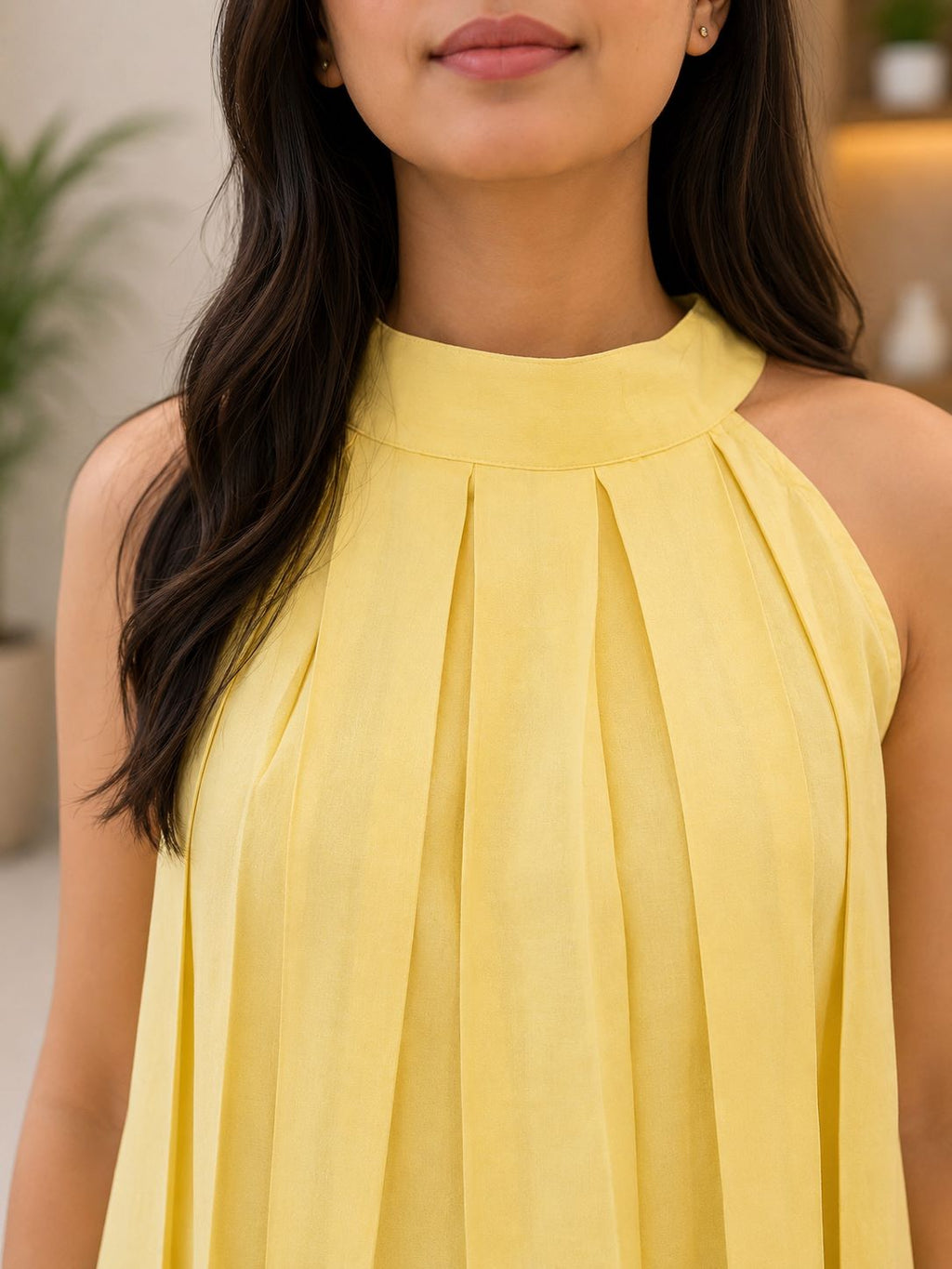 Myshka Women Yellow Solid Sleeveless Pleated Top | Grocsy
