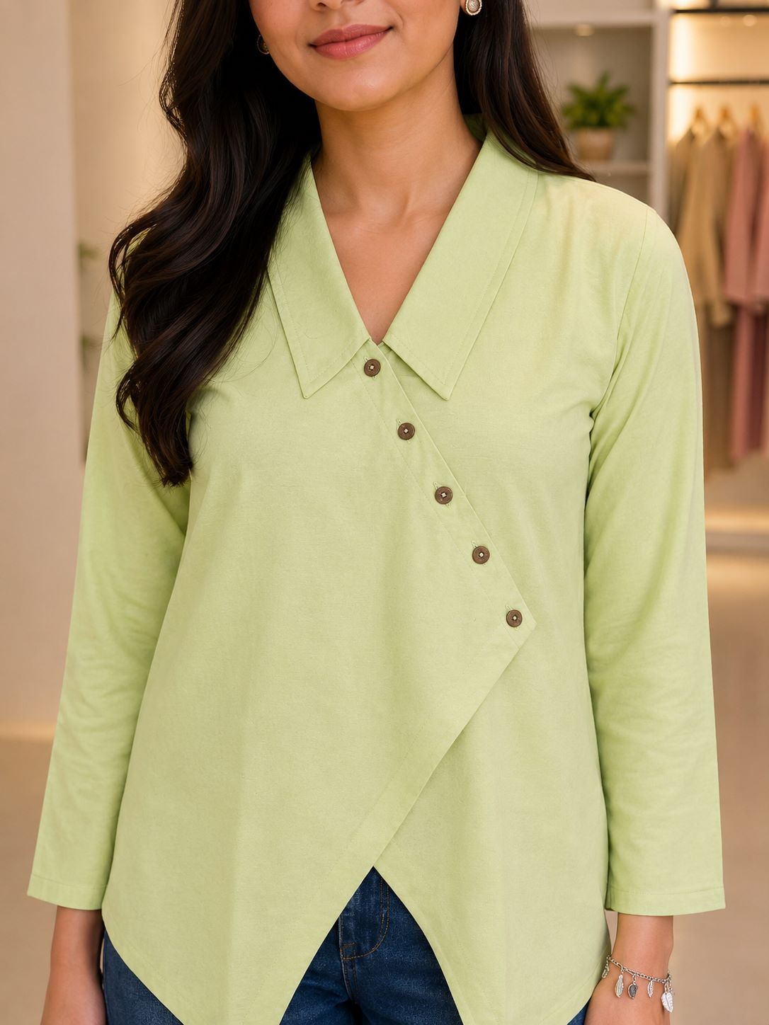 Myshka Womens Green Solid Full Sleeves Collared Shirt | Grocsy