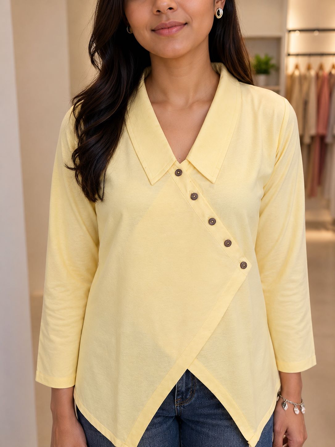 Myshka Womens Yellow Solid Full Sleeves Collared Shirt | Grocsy