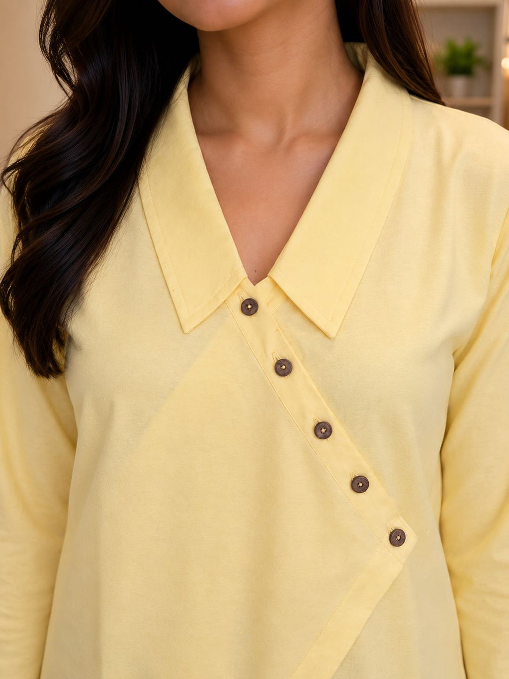 Myshka Womens Yellow Solid Full Sleeves Collared Shirt | Grocsy