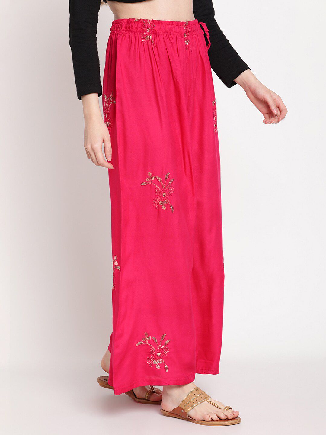 TAG 7 Women Pink & Gold-Toned Ethnic Motifs Embellished Flared Palazzos | Grocsy