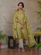 Vaasva Women's Parrot Green Silk Digital Printed Suit Set | Grocsy