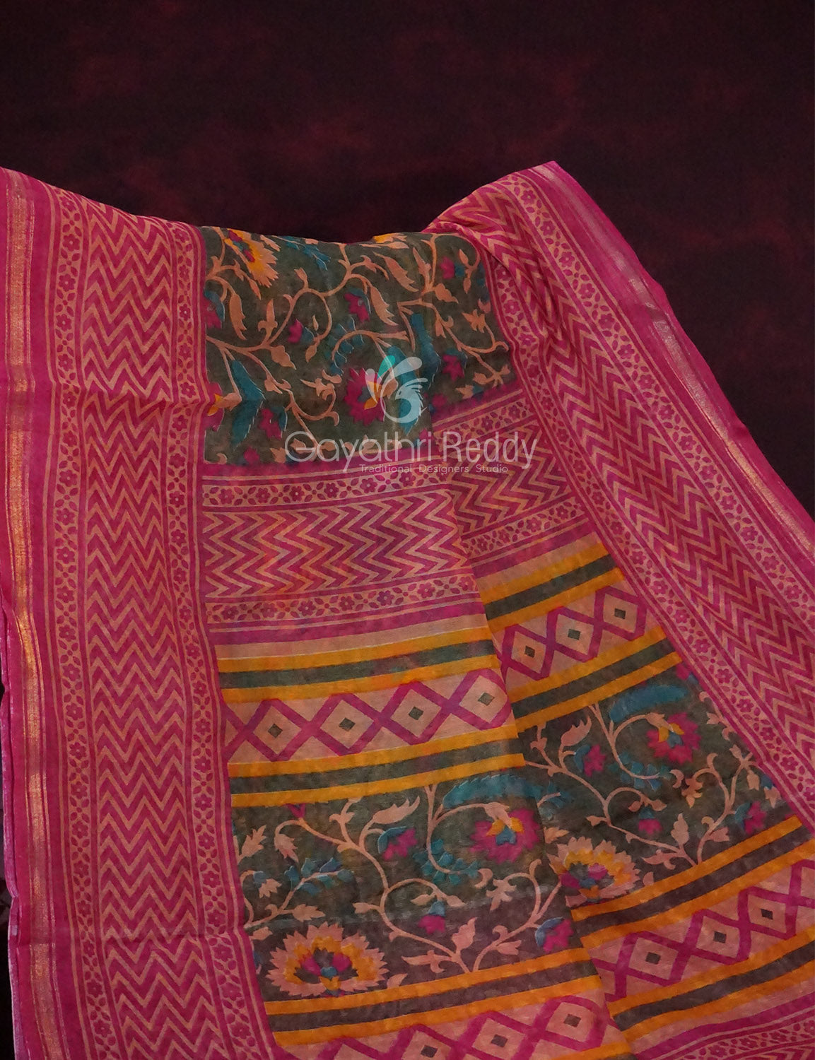 Shades of Dark Green With Rose Pink Blouse Creeper Design Semi Chanderi Saree By Gayathri Reddy Designer Studio | Grocsy