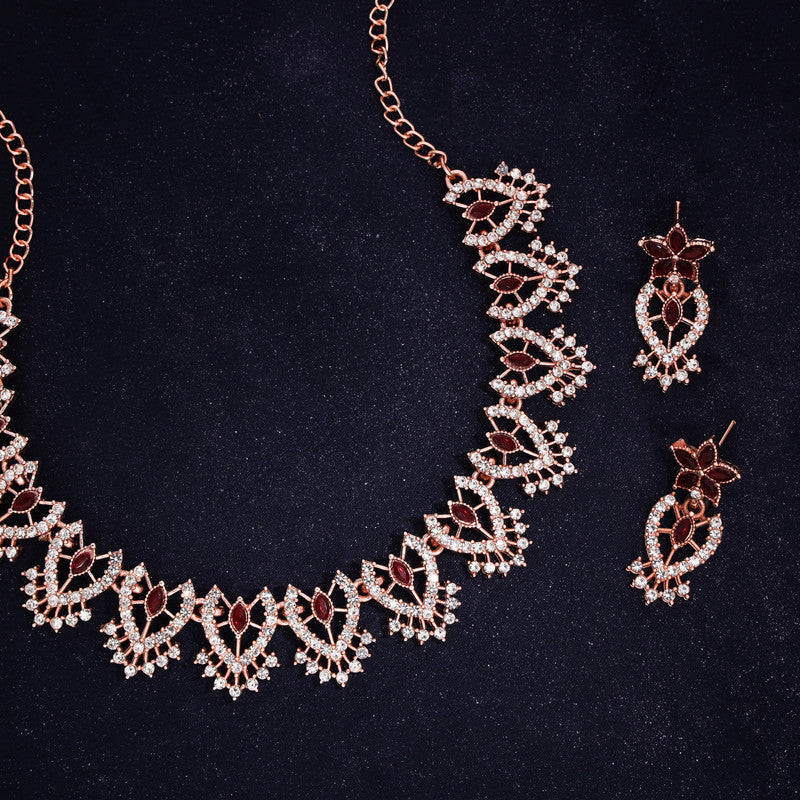 Tehzeeb Creations Maroon Colour Sparkle Stone Studded Necklace With Earrings | Grocsy