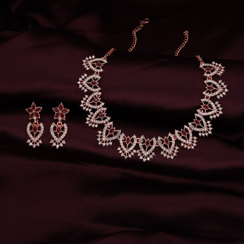Tehzeeb Creations Maroon Colour Sparkle Stone Studded Necklace With Earrings | Grocsy