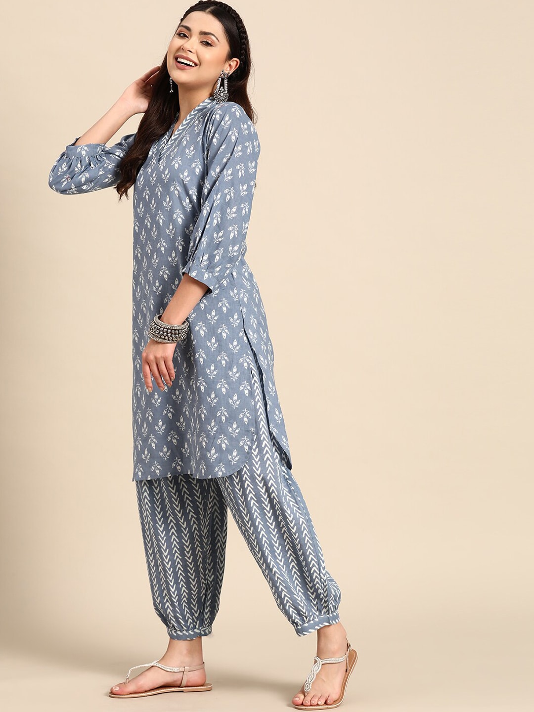 Sangria Blue & White Ethnic Motifs Printed V-Neck Pure Cotton A-Line Kurta With Salwar | Grocsy
