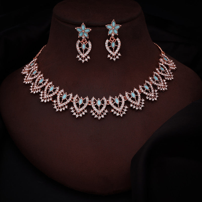 Tehzeeb Creations Sky Blue Colour Sparkle Stone Studded Necklace With Earrings | Grocsy