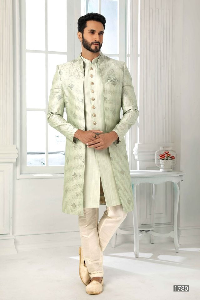Raivat Ethnic Art Silk Embroidery Work 3 Pcs Indo Jacket Set In Pista Green Colour | Grocsy