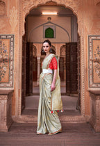 Anaita Light Green Pure Satin Silk With Zari Weaving Saree With Blouse | Grocsy
