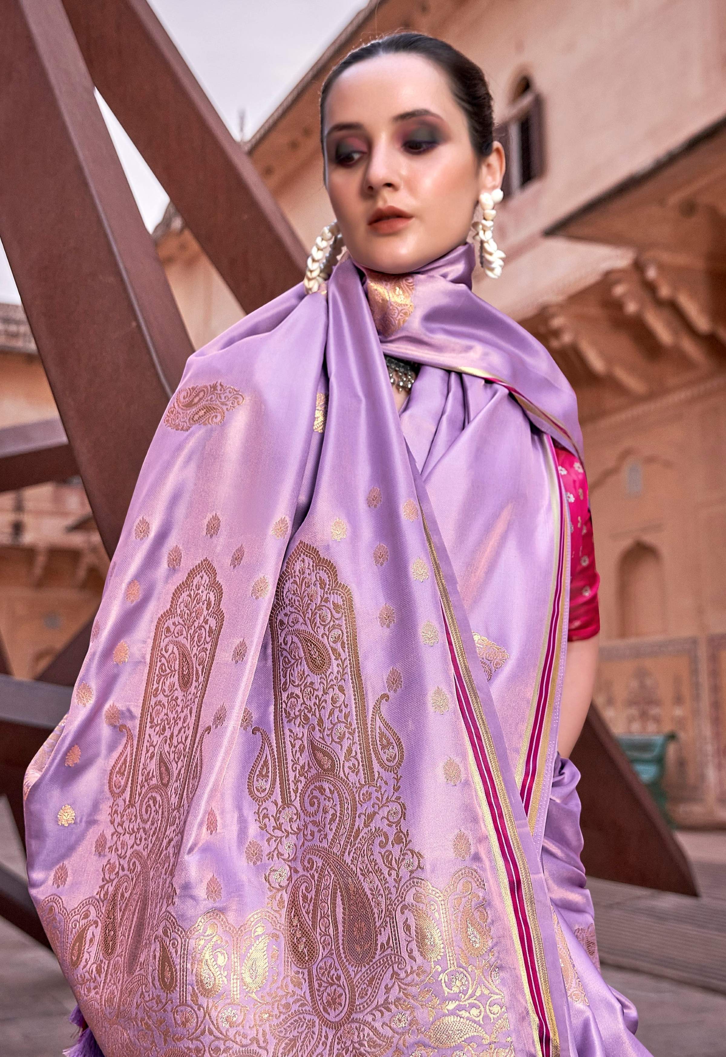 Anaita Lavender Pure Satin Silk With Zari Weaving Saree With Blouse | Grocsy