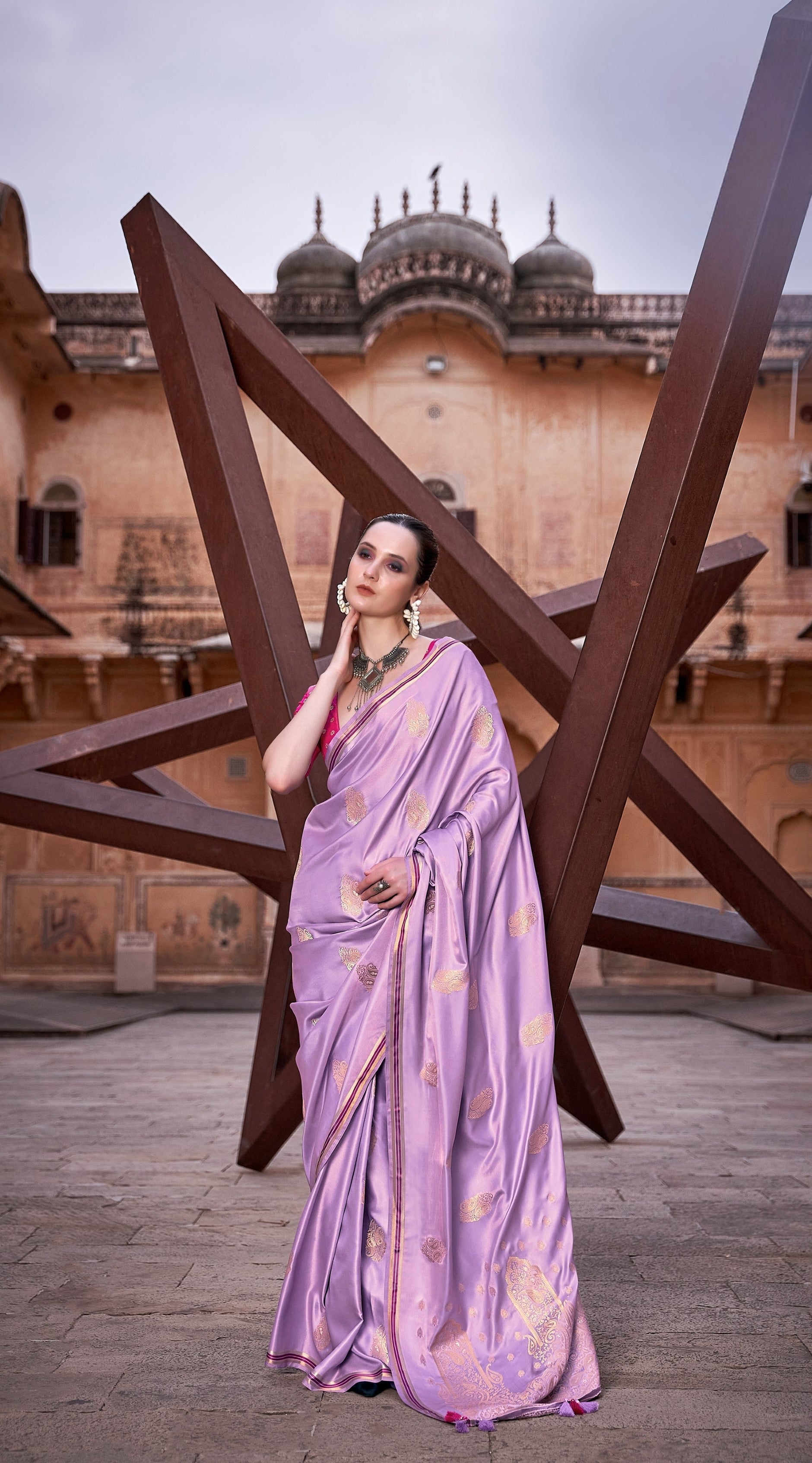 Anaita Lavender Pure Satin Silk With Zari Weaving Saree With Blouse | Grocsy