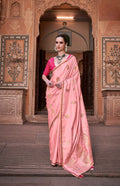 Anaita Peach Pure Satin Silk With Zari Weaving Saree With Blouse | Grocsy