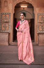 Anaita Peach Pure Satin Silk With Zari Weaving Saree With Blouse | Grocsy