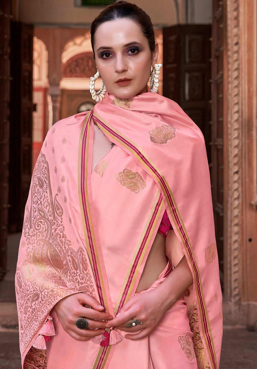 Anaita Peach Pure Satin Silk With Zari Weaving Saree With Blouse | Grocsy