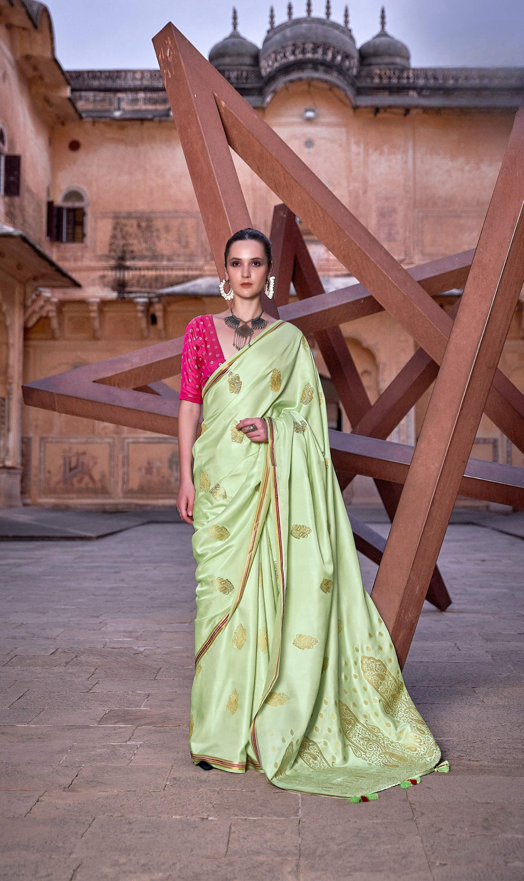 Anaita Green Pure Satin Silk With Zari Weaving Saree With Blouse | Grocsy
