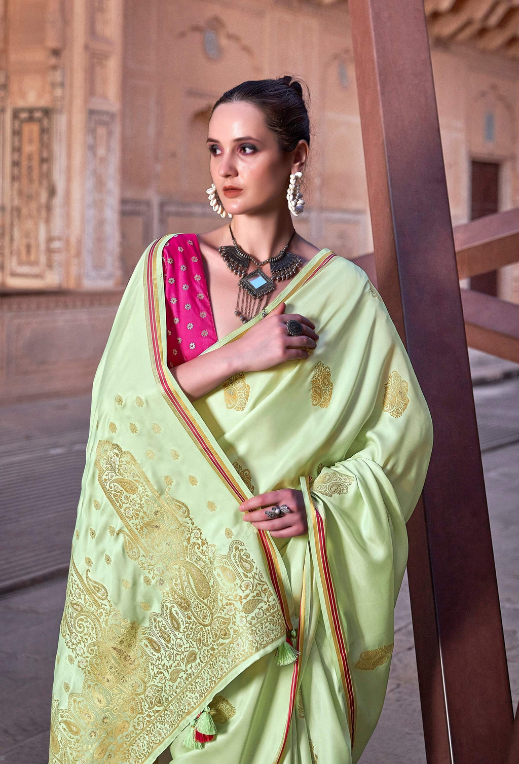 Anaita Green Pure Satin Silk With Zari Weaving Saree With Blouse | Grocsy
