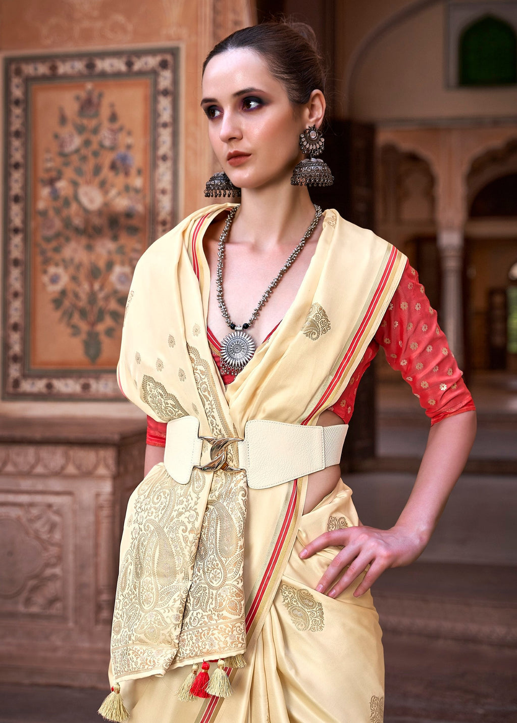 Anaita Cream Pure Satin Silk With Zari Weaving Saree With Blouse | Grocsy