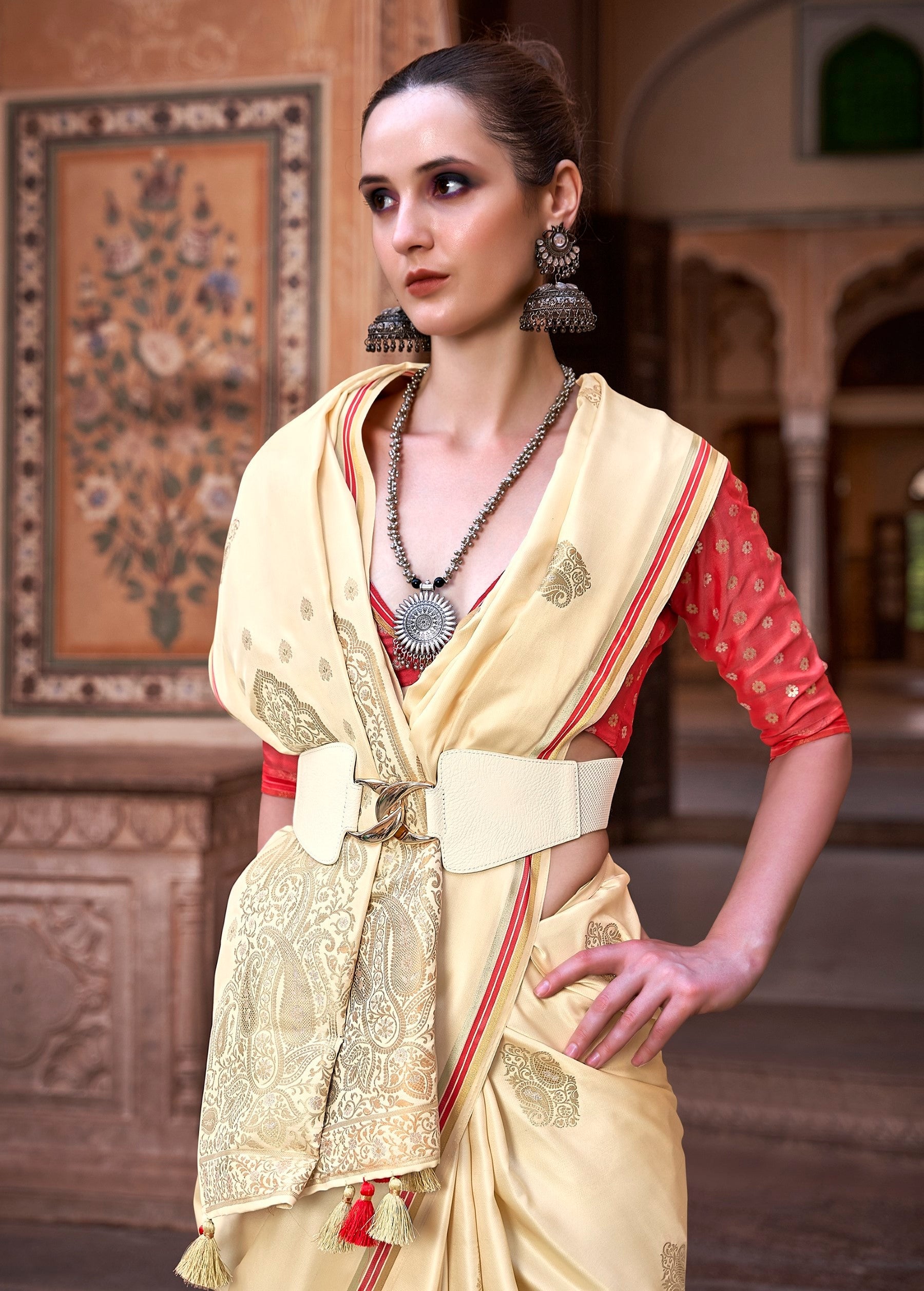 Anaita Cream Pure Satin Silk With Zari Weaving Saree With Blouse | Grocsy
