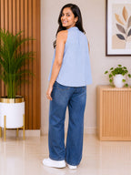 Myshka Women Blue Solid Sleeveless Pleated Top | Grocsy