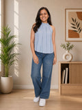 Myshka Women Blue Solid Sleeveless Pleated Top | Grocsy