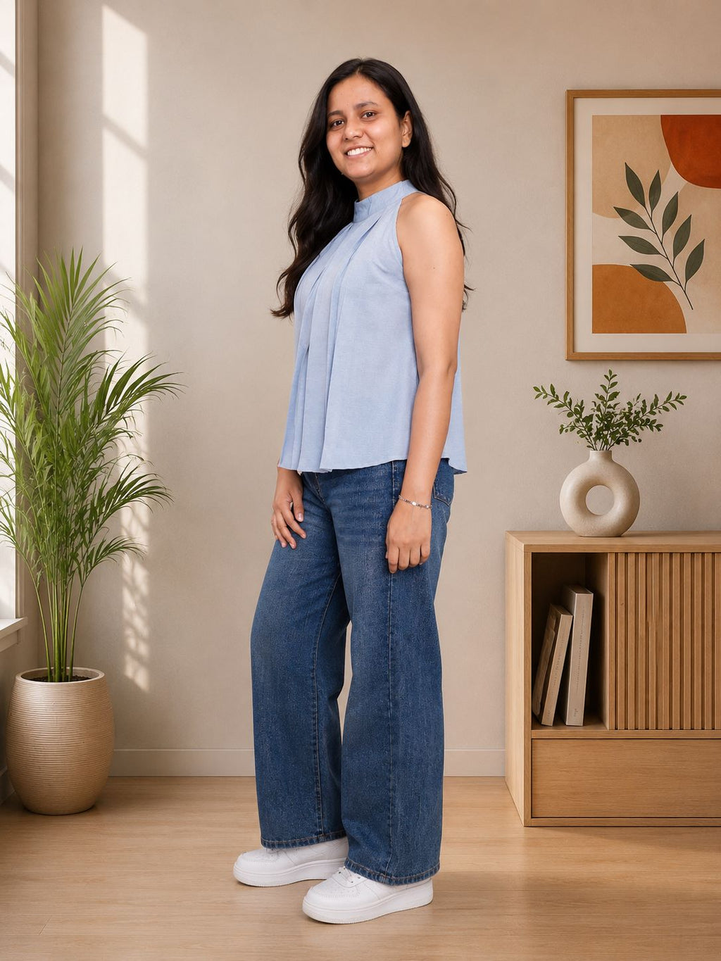 Myshka Women Blue Solid Sleeveless Pleated Top | Grocsy