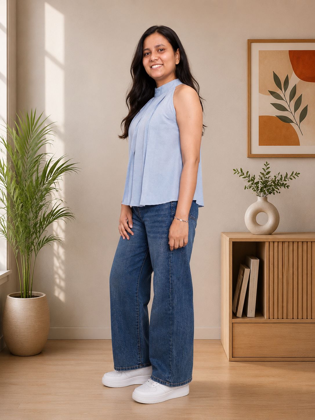 Myshka Women Blue Solid Sleeveless Pleated Top | Grocsy