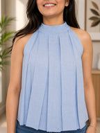 Myshka Women Blue Solid Sleeveless Pleated Top | Grocsy