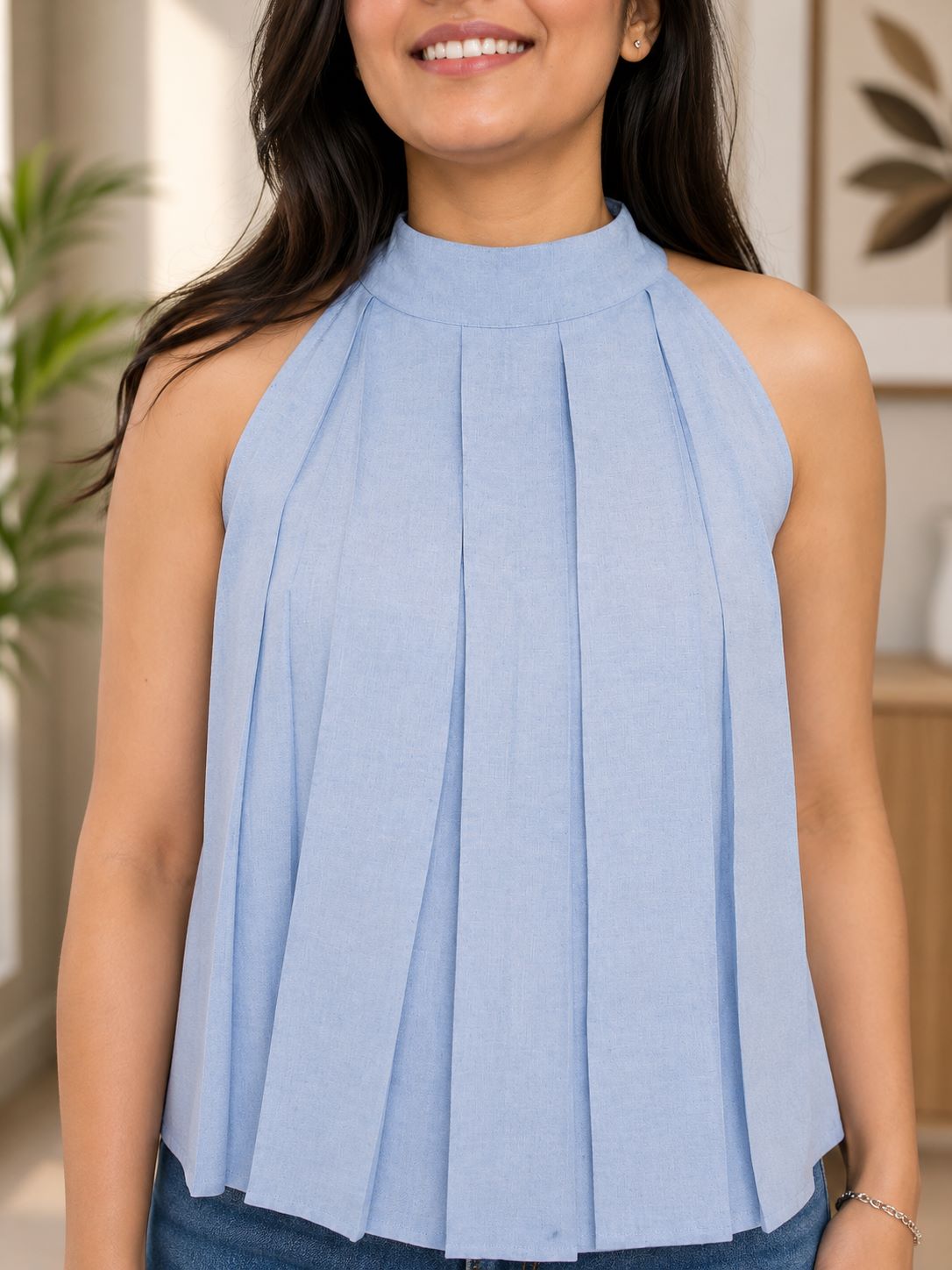 Myshka Women Blue Solid Sleeveless Pleated Top | Grocsy