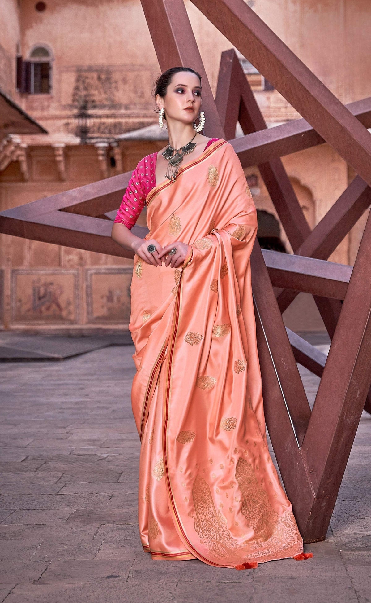 Anaita Orange Pure Satin Silk With Zari Weaving Saree With Blouse | Grocsy