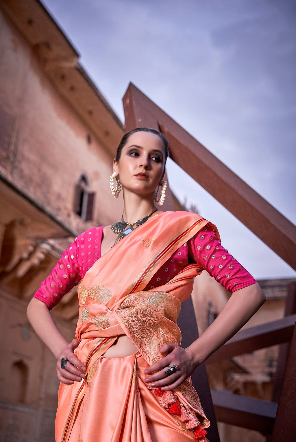 Anaita Orange Pure Satin Silk With Zari Weaving Saree With Blouse | Grocsy