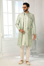 Raivat Ethnic Art Silk Embroidery Work 3 Pcs Indo Jacket Set In Pista Green Colour | Grocsy